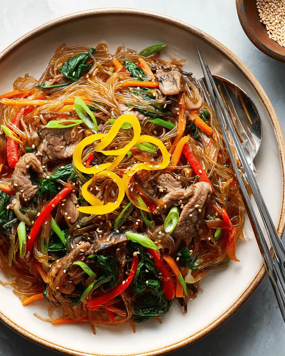 Japchae: Korean Sweet Potato Glass Noodles with Beef and Vegetables 1 Bundles of dried grey sweet potato starch noodles next to fresh spinach and ribeye steak.