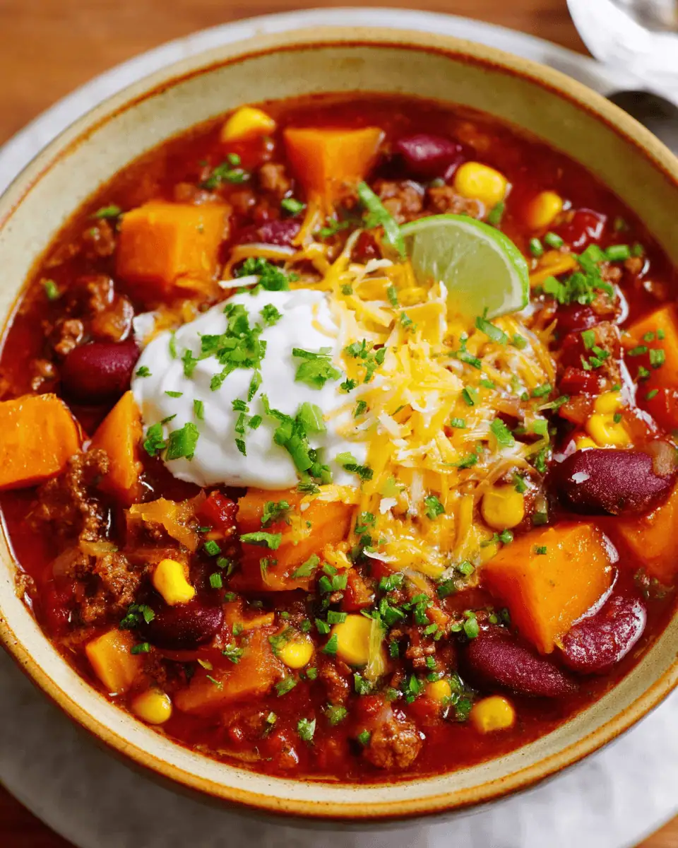 Beef and Butternut Squash Chili: A Hearty One Pot Meal 3 A white bowl filled with chunky beef and squash chili topped with cheddar cheese and green onions.