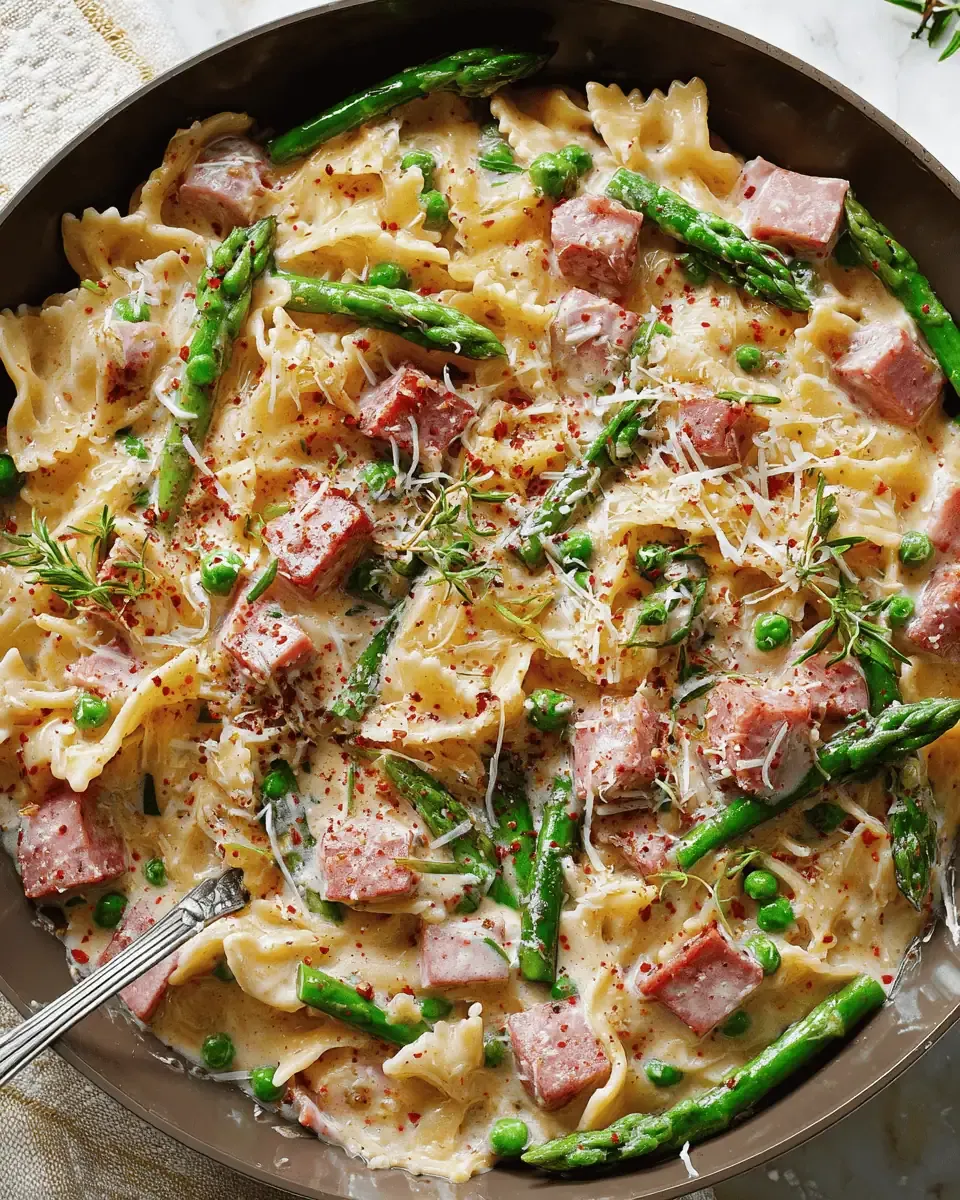 Creamy Ham Pasta with Asparagus: A 30-Minute Dinner 3 A close-up of a serving of ham pasta garnished with fresh thyme leaves and red pepper flakes.