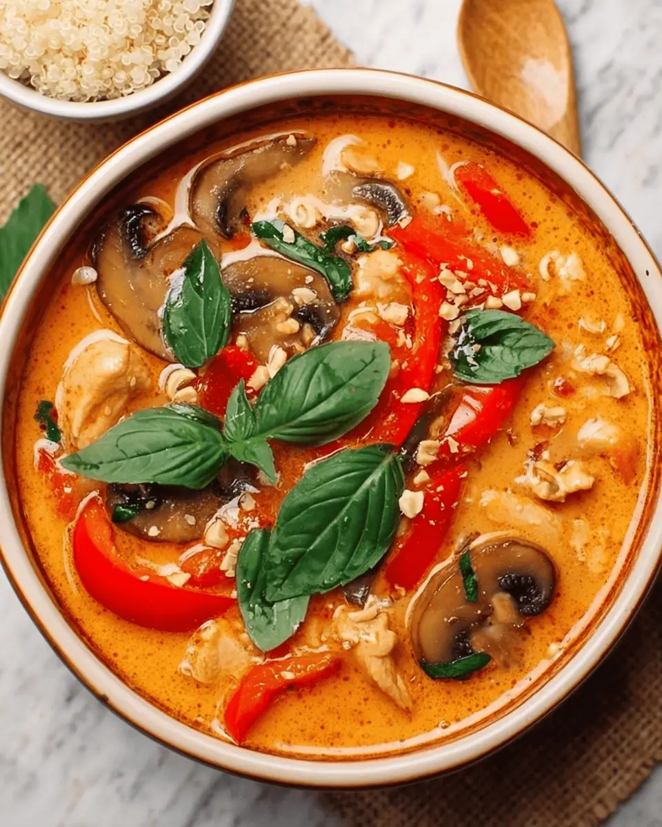 Thai Red Curry Chicken with Quinoa: A Healthy Weeknight Stir-Fry 2 Sliced red bell peppers and mushrooms cooking in a skillet with olive oil.