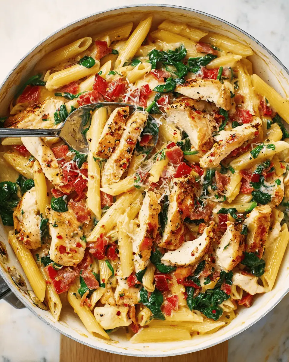 Creamy Chicken and Bacon Pasta: A Garlic Spinach Tomato Dinner 1 Heavy cream bubbling in a skillet with shredded parmesan cheese being whisked in.