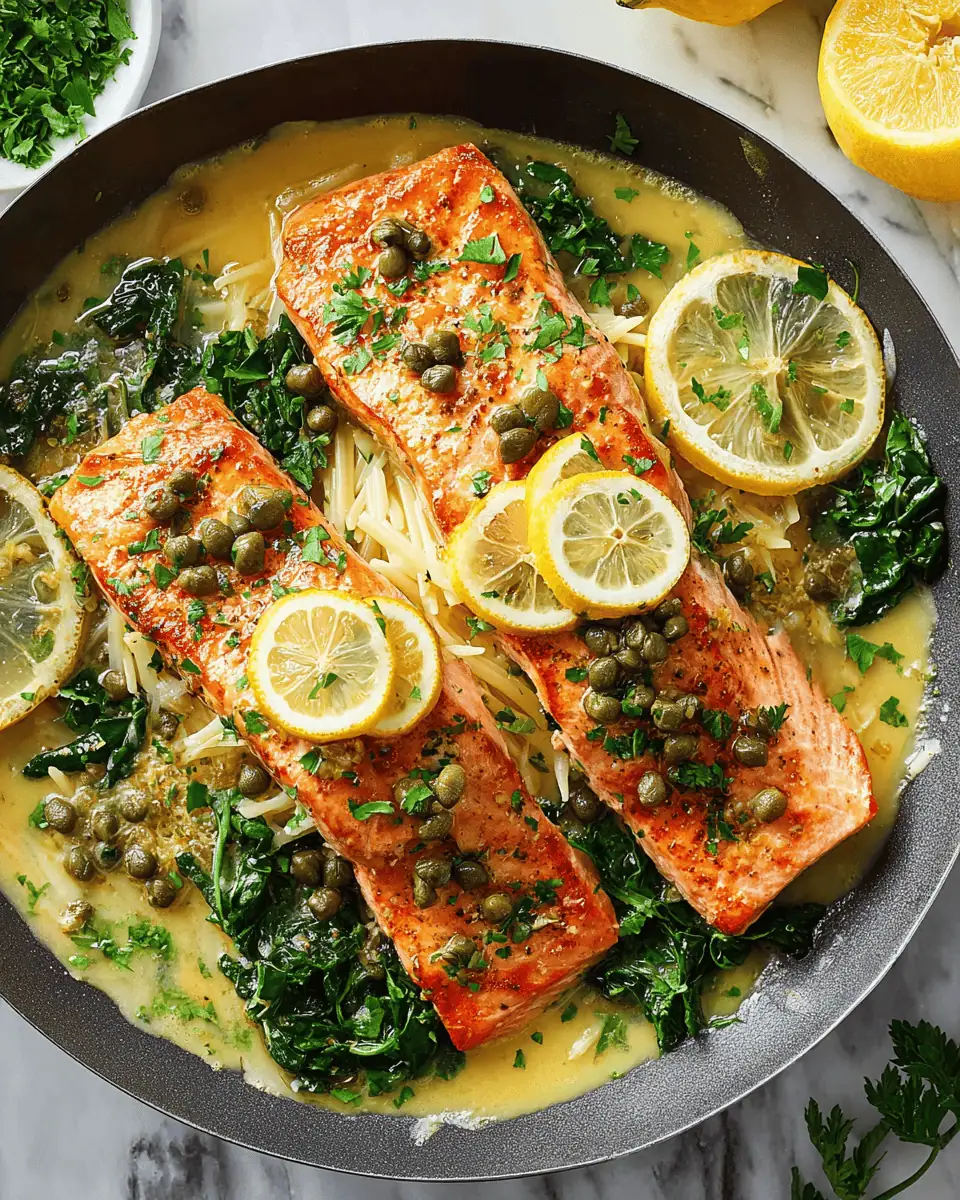 Salmon Piccata with Orzo: A 25-Minute Weeknight Dinner 1 A white dinner plate featuring pan-seared salmon with lemon slices, capers, and a side of orzo and wilted greens.