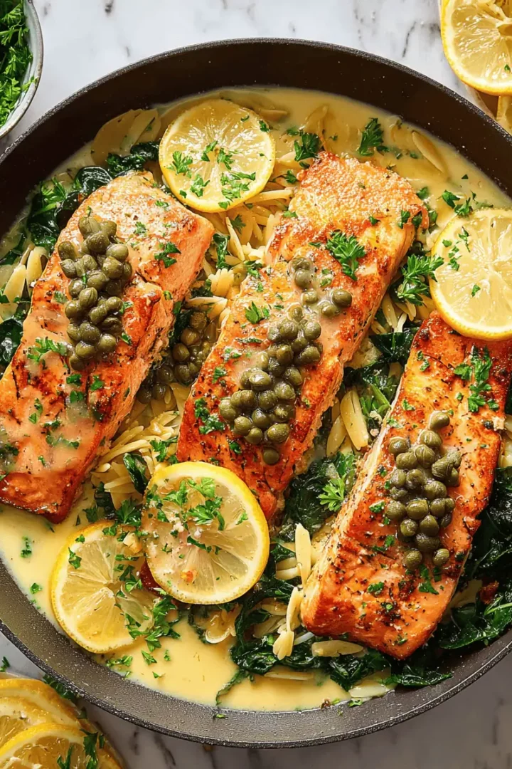 Raw orzo pasta and minced garlic toasting in olive oil in a saucepan.