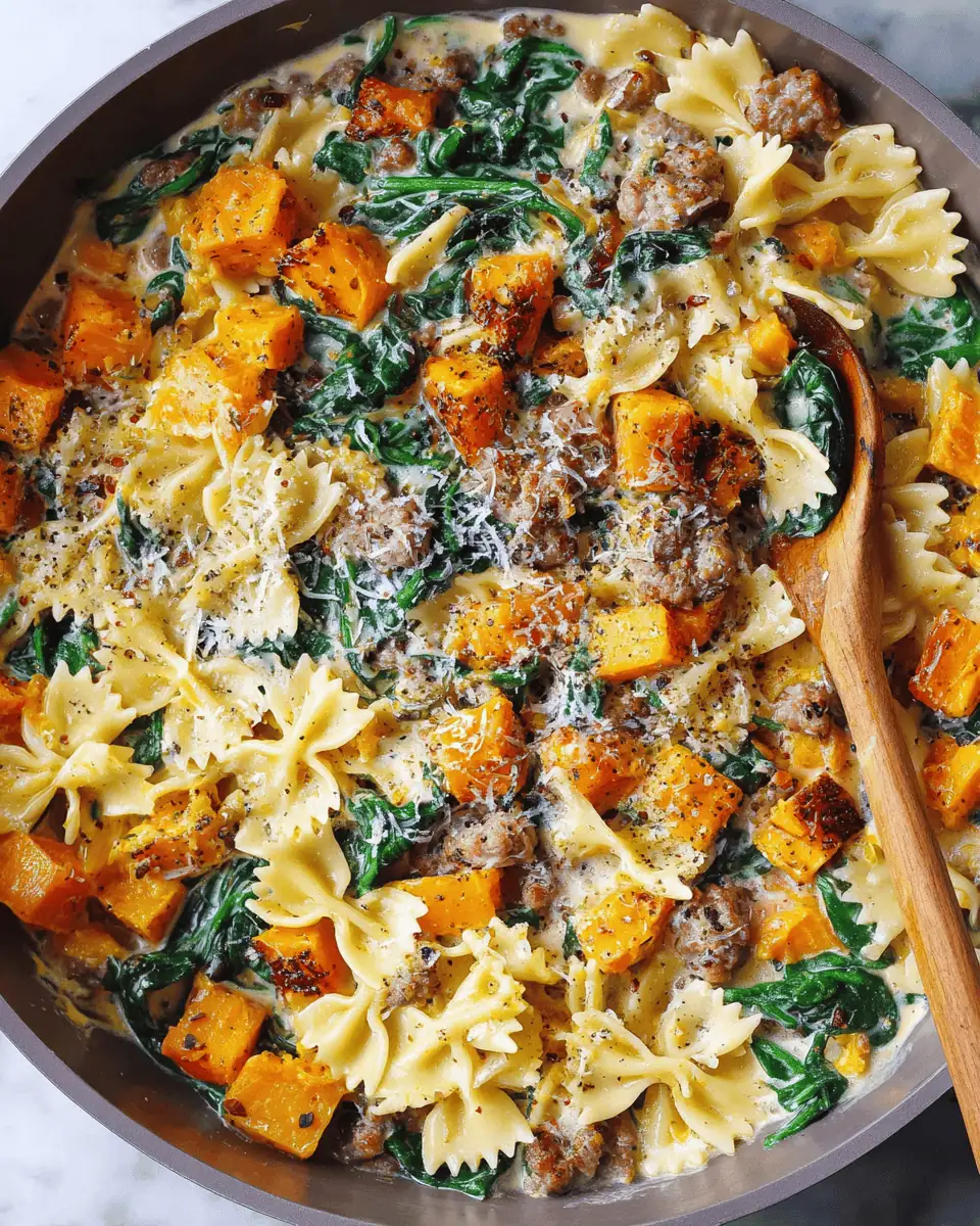 Creamy Roasted Butternut Squash Pasta with Sausage and Spinach 1 A large skillet with bubbling white cream sauce and wilted spinach.