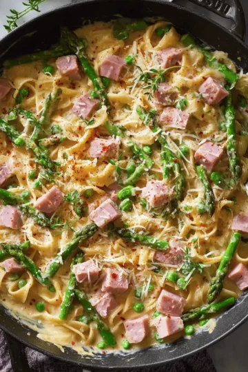 Creamy Ham Pasta with Asparagus: A 30-Minute Dinner 7 A large skillet filled with creamy pasta, cubed ham, and bright green asparagus spears.
