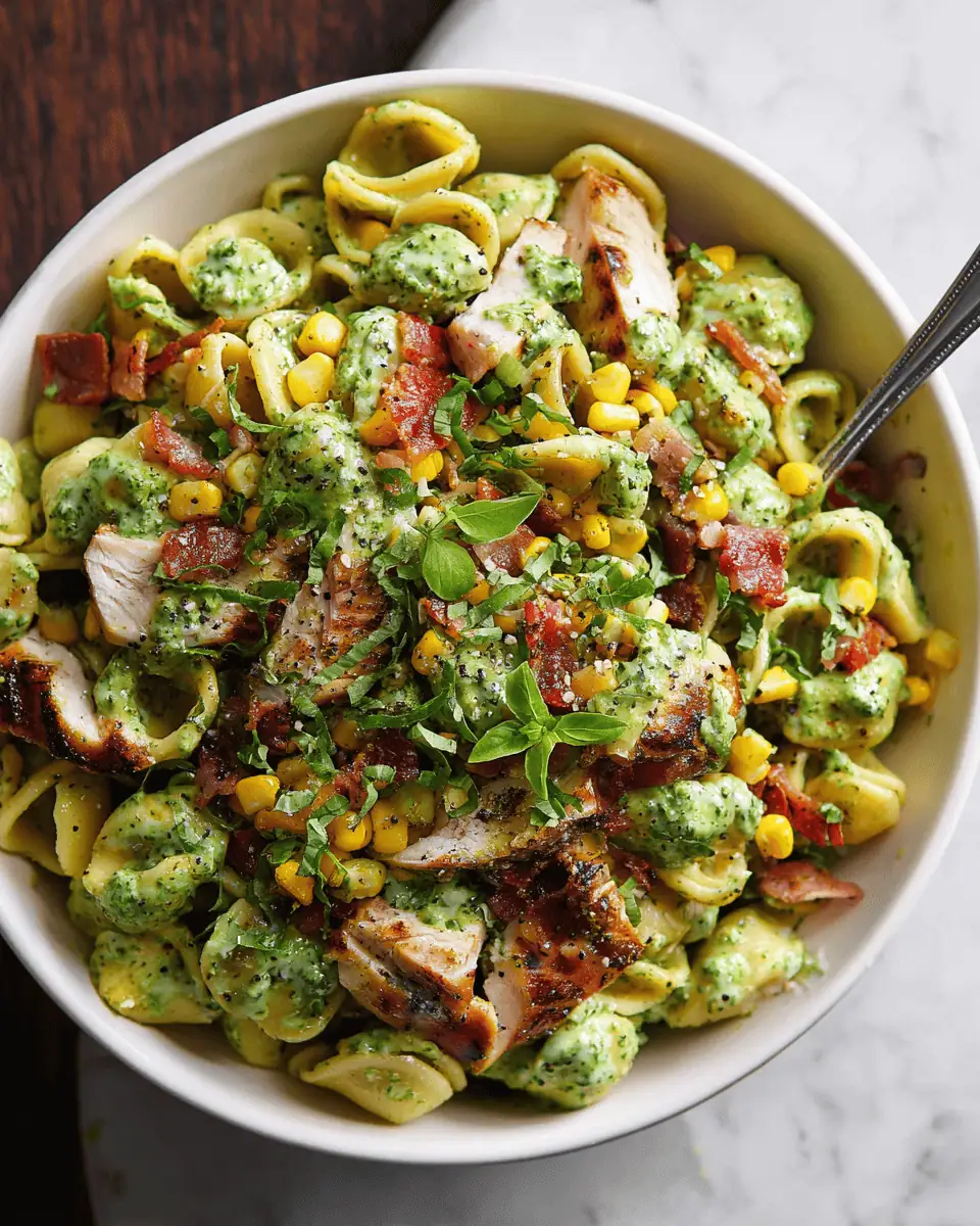 Pesto Chicken and Corn Pasta Salad: A Creamy Bacon Summer Side 1 A mason jar containing a creamy green dressing made of pesto, yogurt, and lime juice.