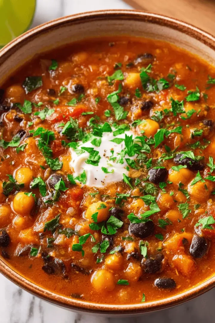 A large pot of thick pumpkin chili simmering on the stove with a wooden spoon.