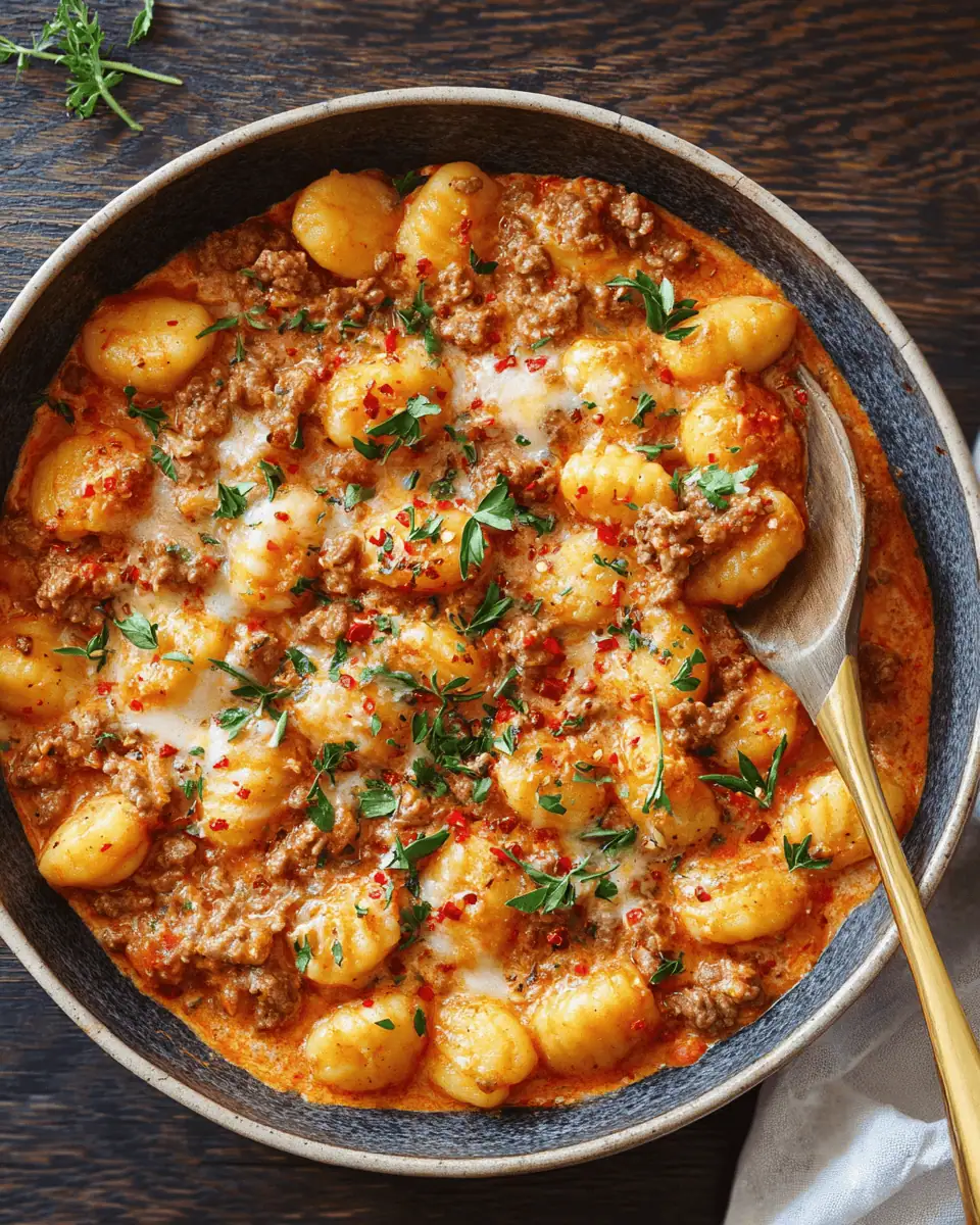 One Pan Ground Beef Gnocchi: A Creamy Spicy Skillet Dinner 4 A high-sided skillet filled with creamy tomato beef gnocchi topped with melted pepper jack cheese.