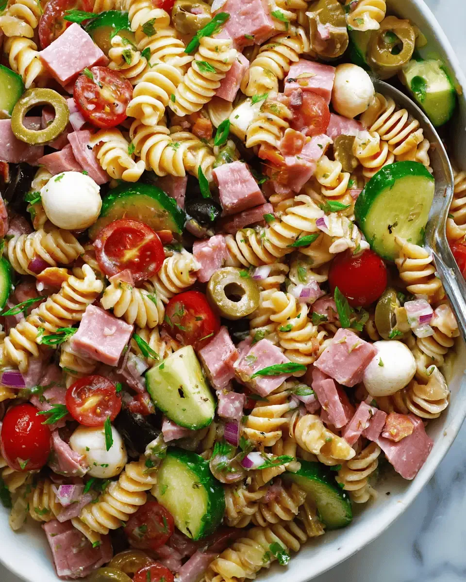 Italian Ham Pasta Salad with Mozzarella and Olives 2 A cutting board with diced ham, sliced cucumbers, cherry tomatoes, and red onion.