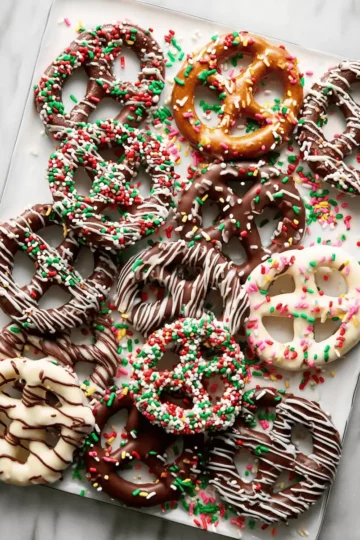 Chocolate Covered Pretzels: The Ultimate Sweet and Salty Holiday Treat 9 Clear cellophane bags filled with decorated chocolate pretzels tied with red ribbon.
