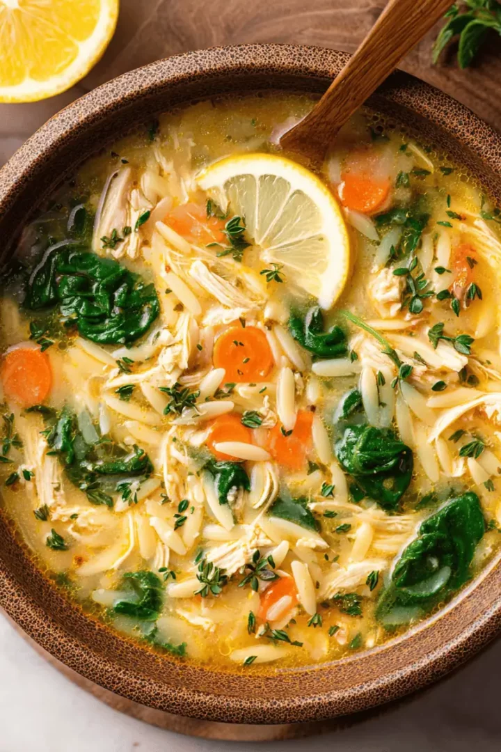 Stirring fresh baby spinach and squeezing lemon juice into a simmering pot of soup.