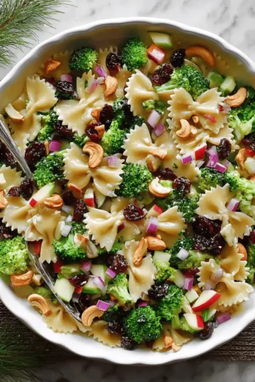 Broccoli Pasta Salad with Apples and Cashews: A Crunchy Summer Side 8 A large bowl filled with bow-tie pasta, small broccoli florets, diced red and green apples, and creamy dressing.