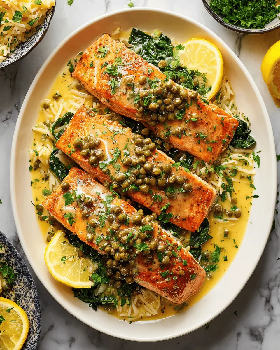 Salmon Piccata with Orzo: A 25-Minute Weeknight Dinner 3 Salmon fillets with a golden flour crust searing in a stainless steel skillet.