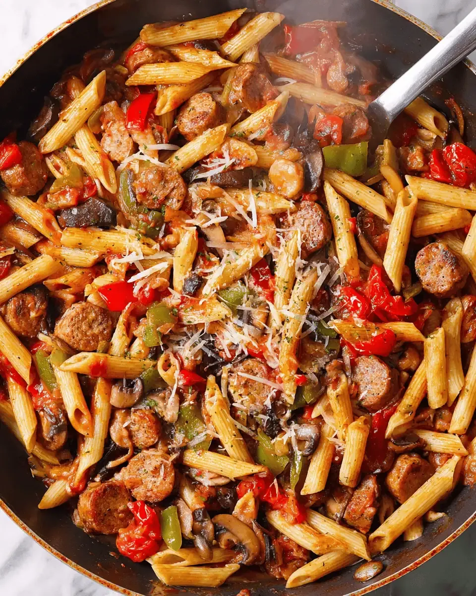 Cajun Italian Sausage Pasta: A 30-Minute Veggie-Packed Dinner 1 A close-up of a serving of sausage vegetable pasta topped with shredded Parmesan cheese.
