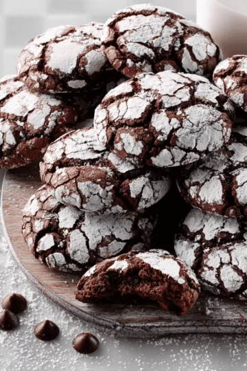 Chocolate Crinkle Cookies: A Fudgy Fissured Holiday Treat 8 A baking sheet filled with baked chocolate crinkle cookies showing the distinct cracked pattern.