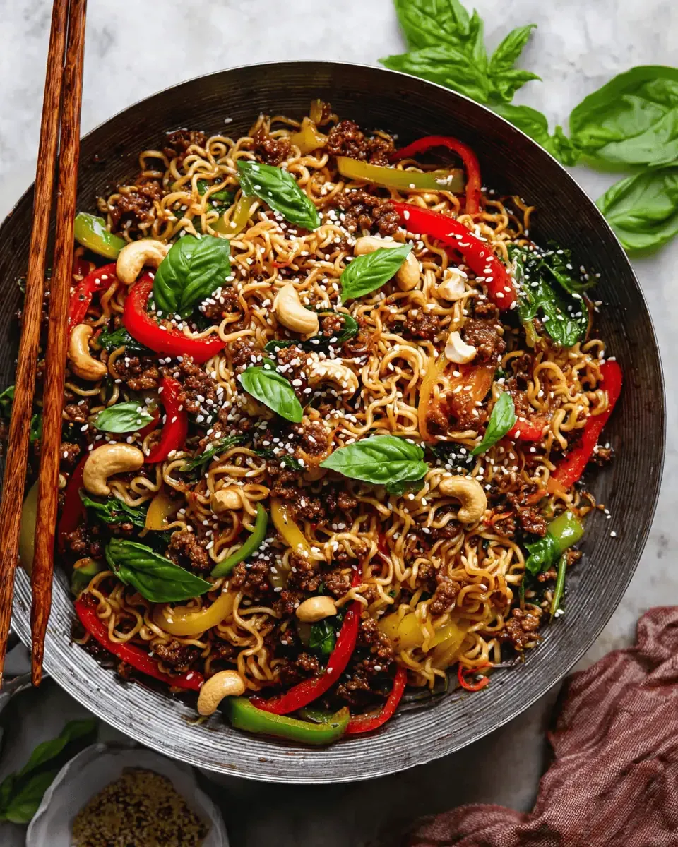 Ground Beef Ramen Noodle Stir Fry: Better Than Takeout 1 Ground beef browning in a skillet next to sautéed bell peppers.