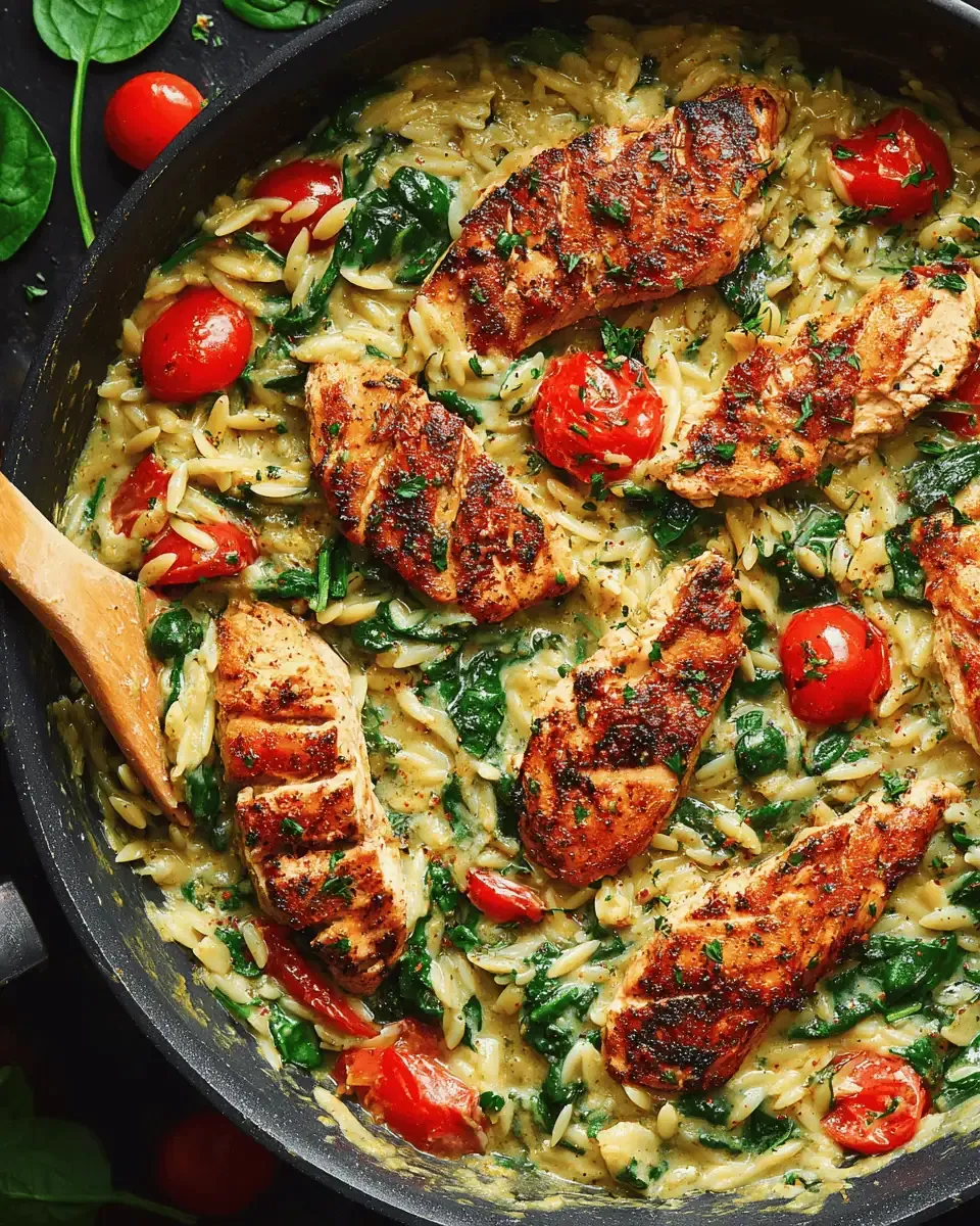 Creamy Chicken Orzo with Pesto and Spinach: One-Pan Dinner 2 Uncooked orzo and minced garlic being sautéed in a skillet until golden.