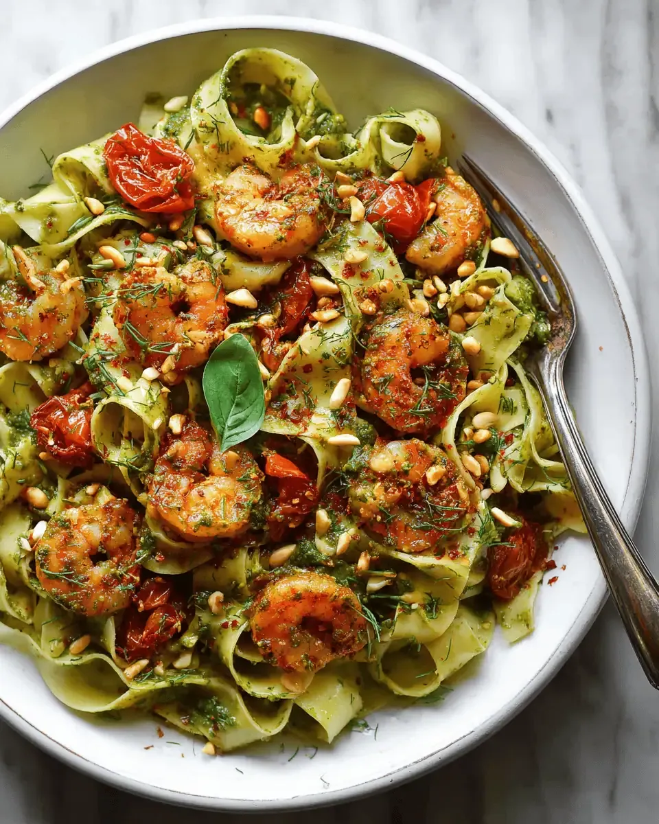 30-Minute Shrimp Pesto Pasta with Lemon and Garlic 3 Action shot of tossing the pasta, pesto, and shrimp together in a large skillet.