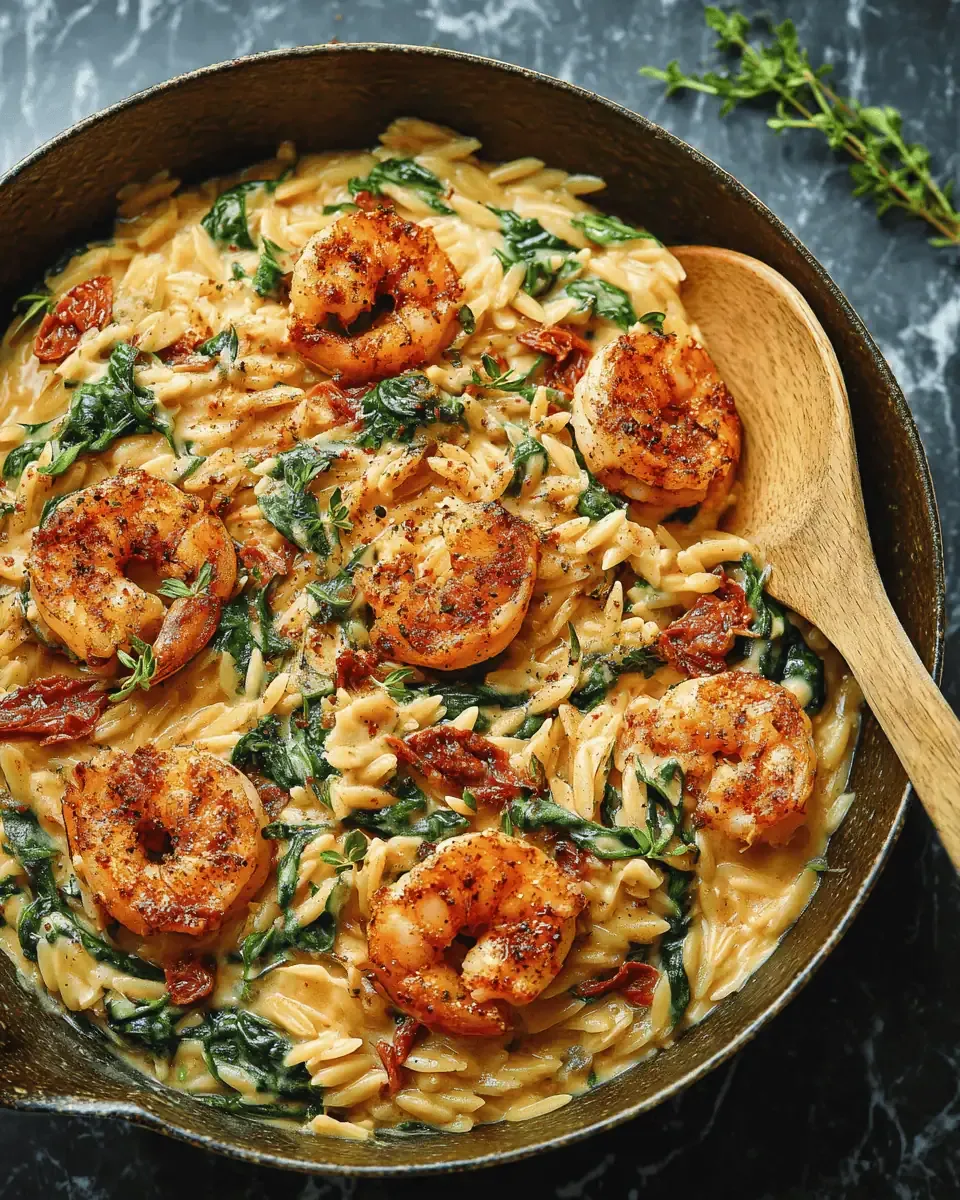 Creamy Shrimp Orzo with Artichokes: A One-Pan Dinner 3 A serving spoon lifting a creamy portion of shrimp and orzo, showing the wilted spinach.