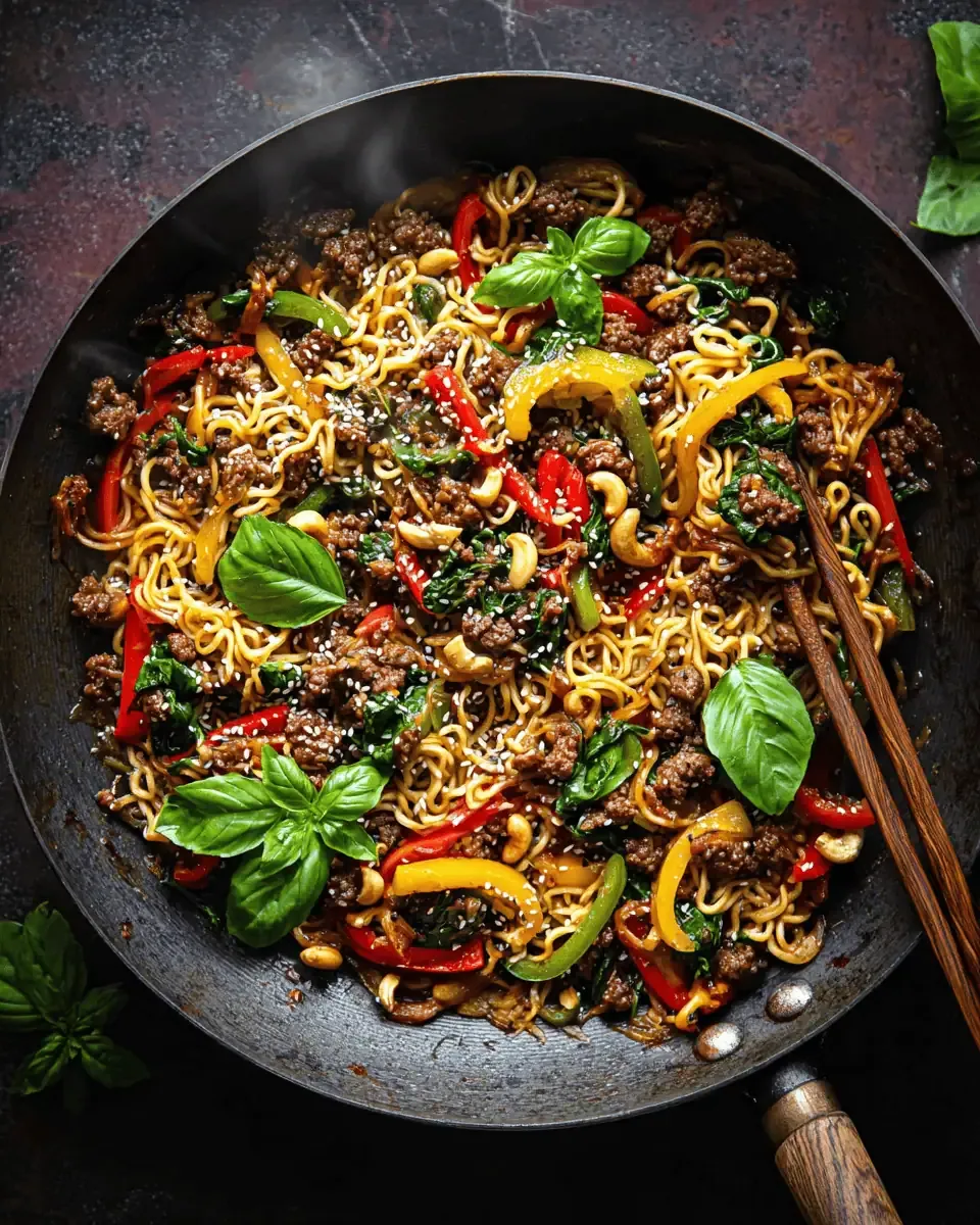 Ground Beef Ramen Noodle Stir Fry: Better Than Takeout 3 Ingredients shot showing colorful sliced peppers, raw ramen cakes, ground beef, and sauce components.