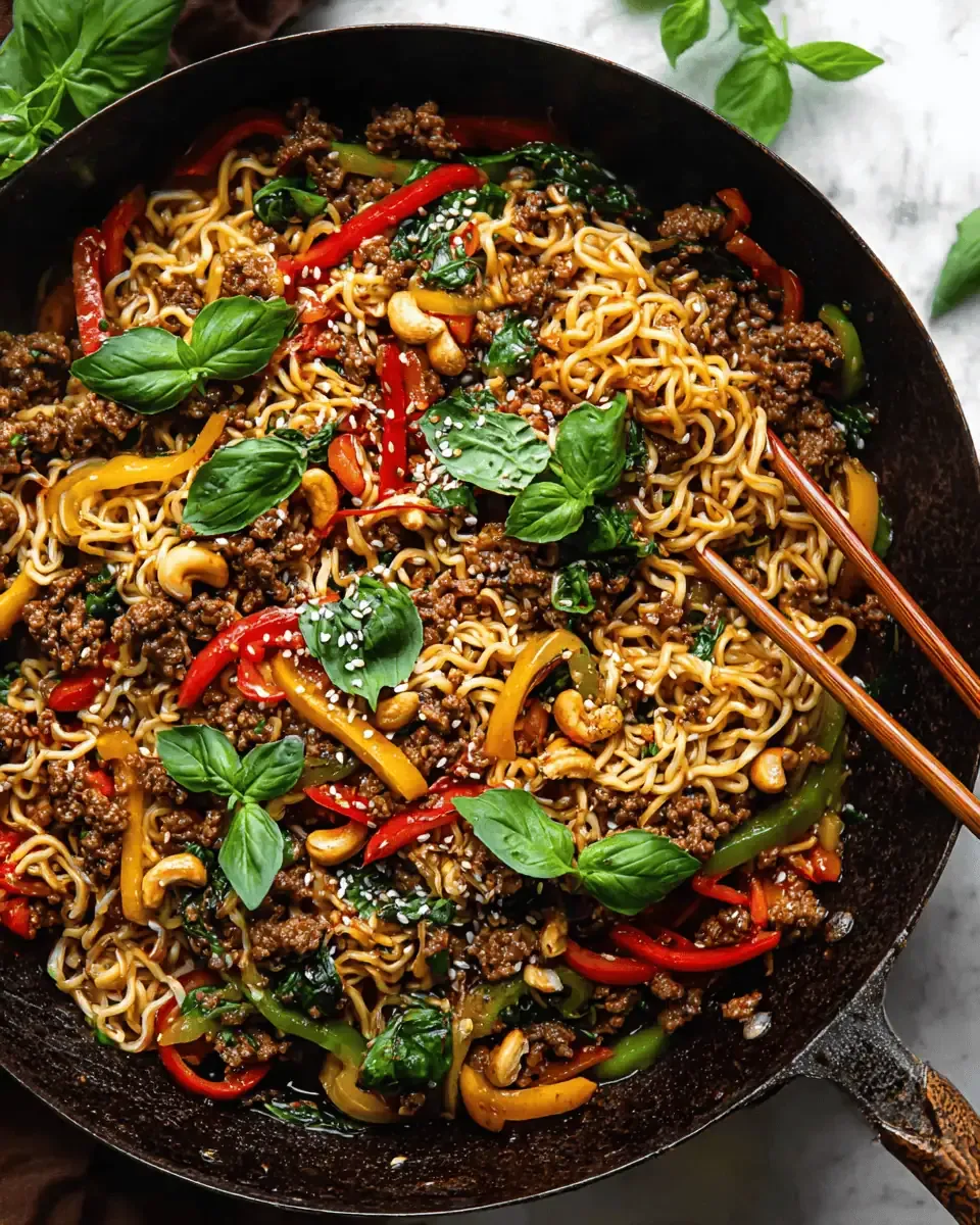 Ground Beef Ramen Noodle Stir Fry: Better Than Takeout 2 Action shot of pouring the dark savory sauce over the noodles and beef in the skillet.