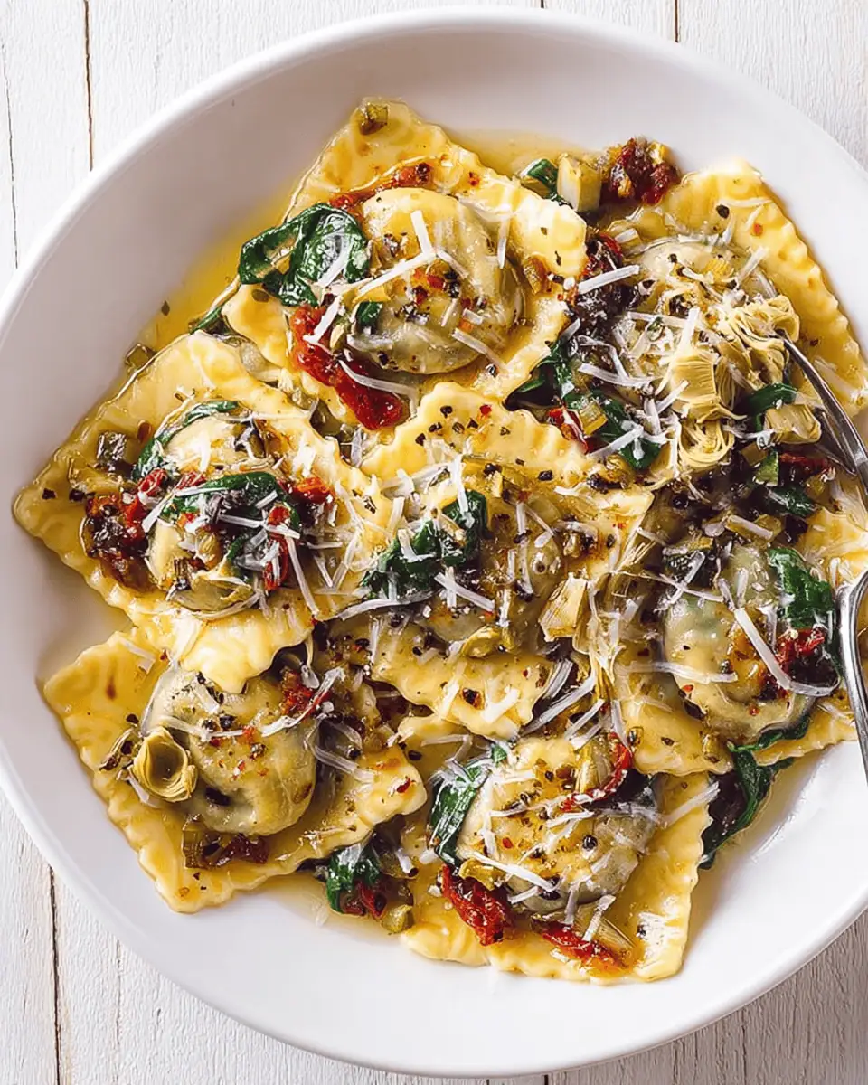 Italian Ravioli with Spinach, Artichokes, Capers, and Sun-Dried Tomatoes 3 Cooked ravioli being tossed with fresh spinach and chopped artichoke hearts.