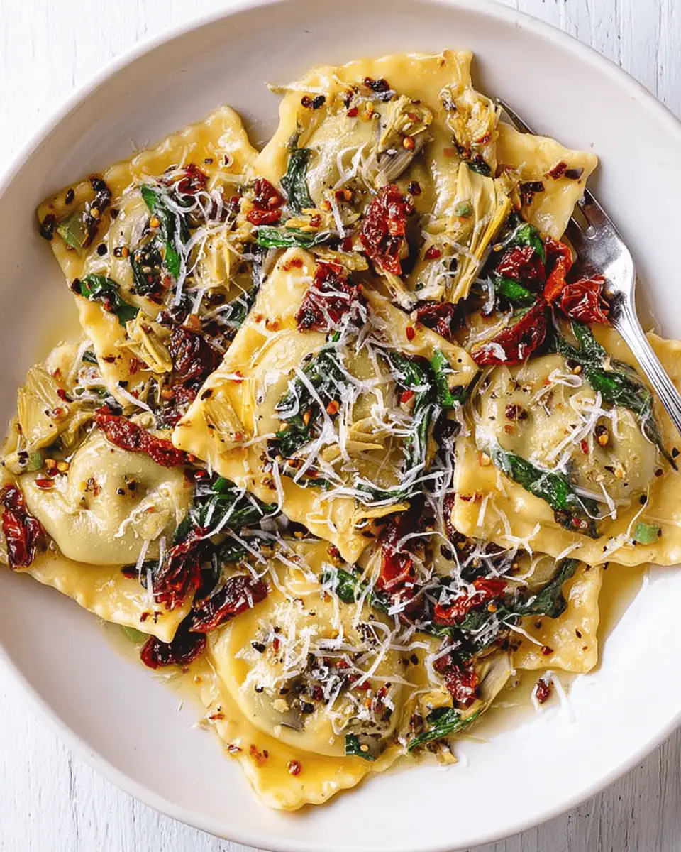 Italian Ravioli with Spinach, Artichokes, Capers, and Sun-Dried Tomatoes 2 Chopped capers, sun-dried tomatoes, and minced garlic sautéing in olive oil.