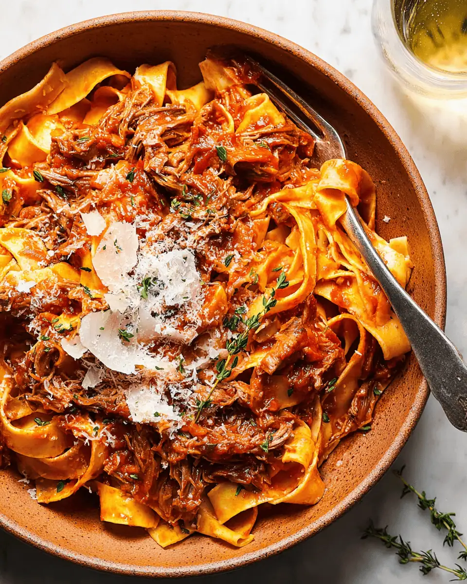 Braised Pork Ragu Pappardelle: A Rich Sunday Supper 2 A dutch oven filled with tomatoes, wine, herbs, and seared pork ready for the oven