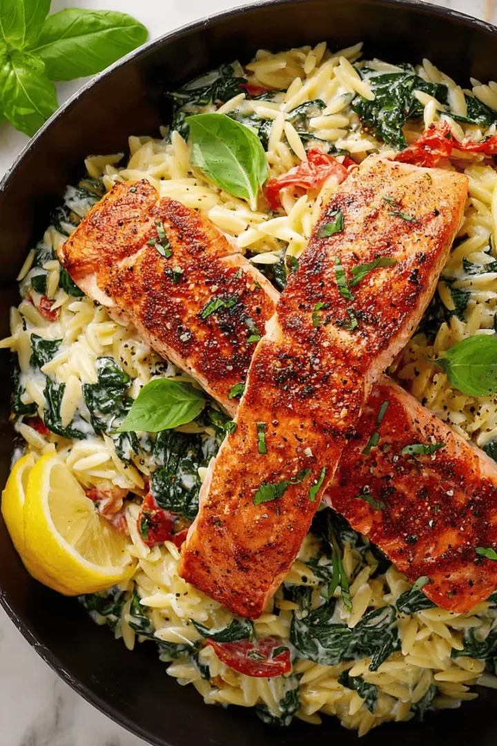 Salmon fillets searing flesh-side down in a hot skillet with olive oil.