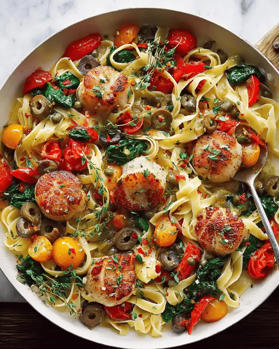 Seared Scallop Pasta with Lemon Garlic Butter Sauce 3 of raw scallops sizzling in a hot pan, developing a golden brown crust.