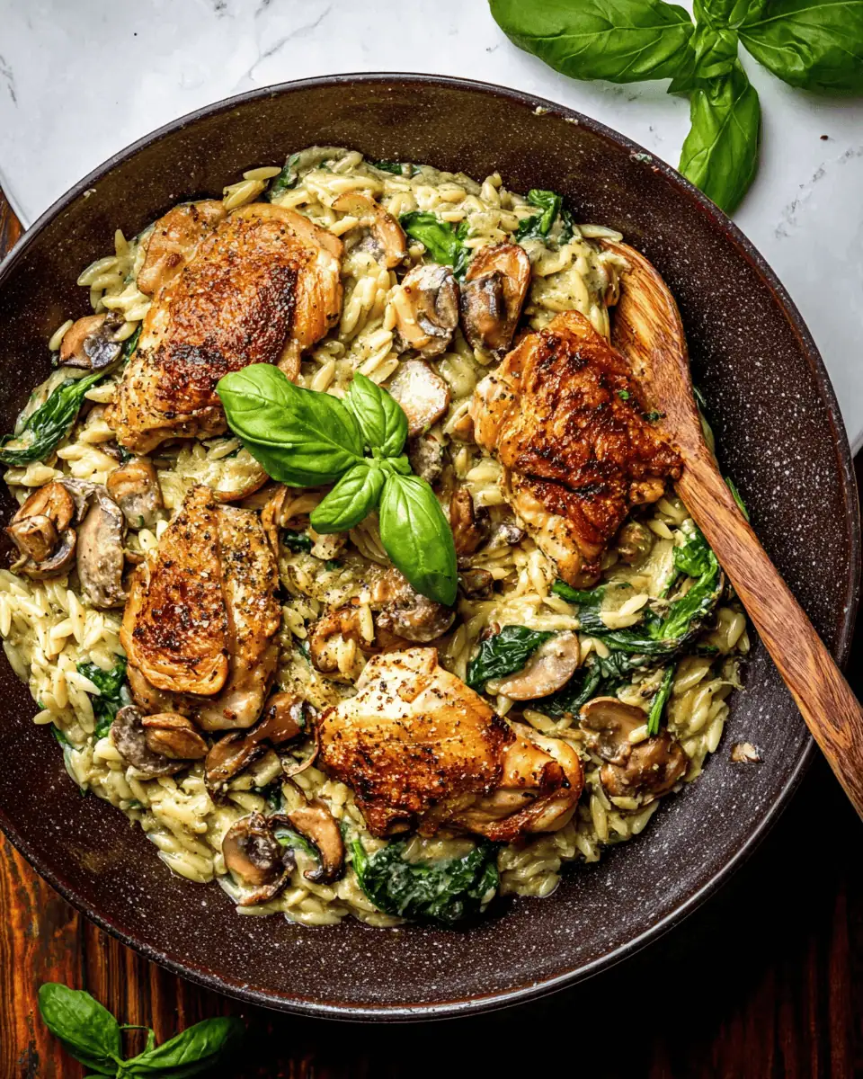 Creamy Pesto Chicken Orzo: A One Pan Mushroom Skillet Dinner 3 Stirring basil pesto and heavy cream into a simmering skillet of chicken and orzo.