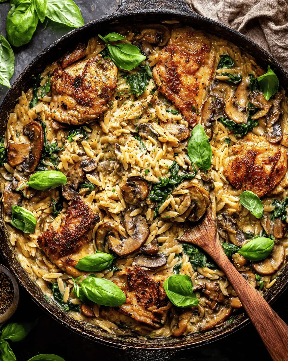 Creamy Pesto Chicken Orzo: A One Pan Mushroom Skillet Dinner 1 A cast iron skillet filled with creamy green orzo, mushrooms, and golden seared chicken thighs.