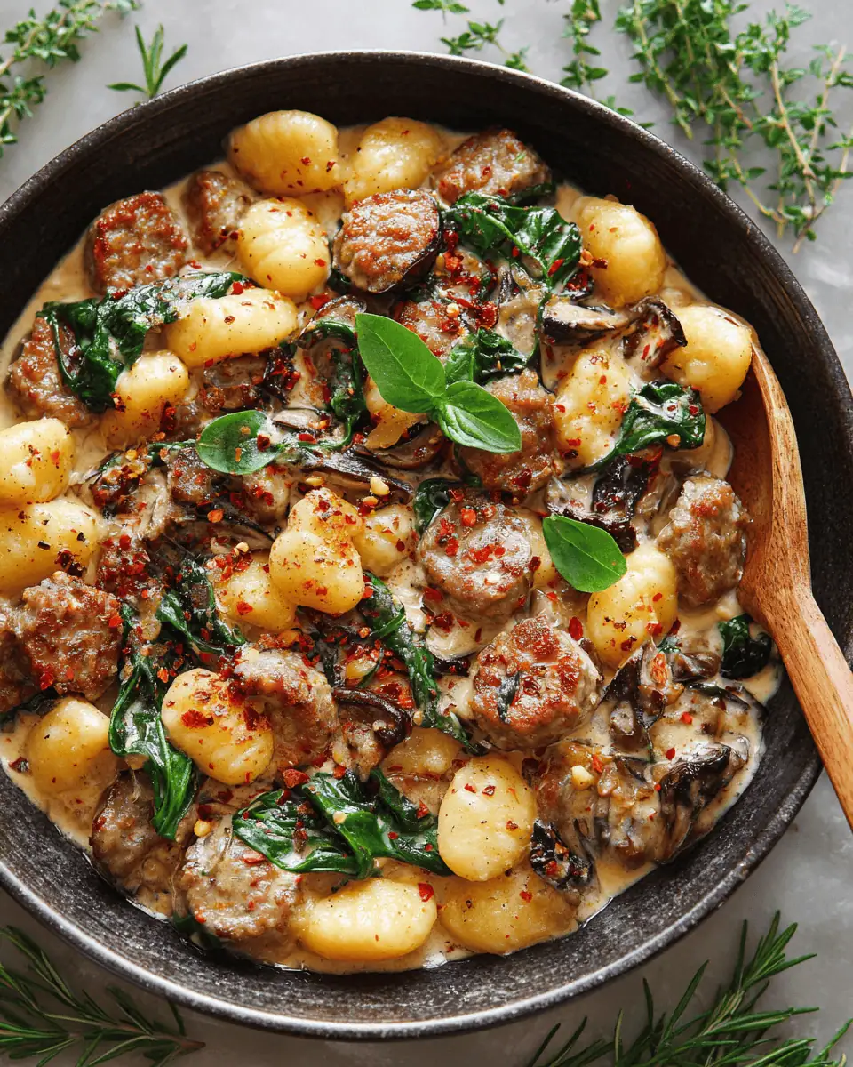 Creamy Sausage Gnocchi with Mushrooms and Spinach 4 Overhead view of a skillet filled with creamy gnocchi, browned sausage, and spinach.