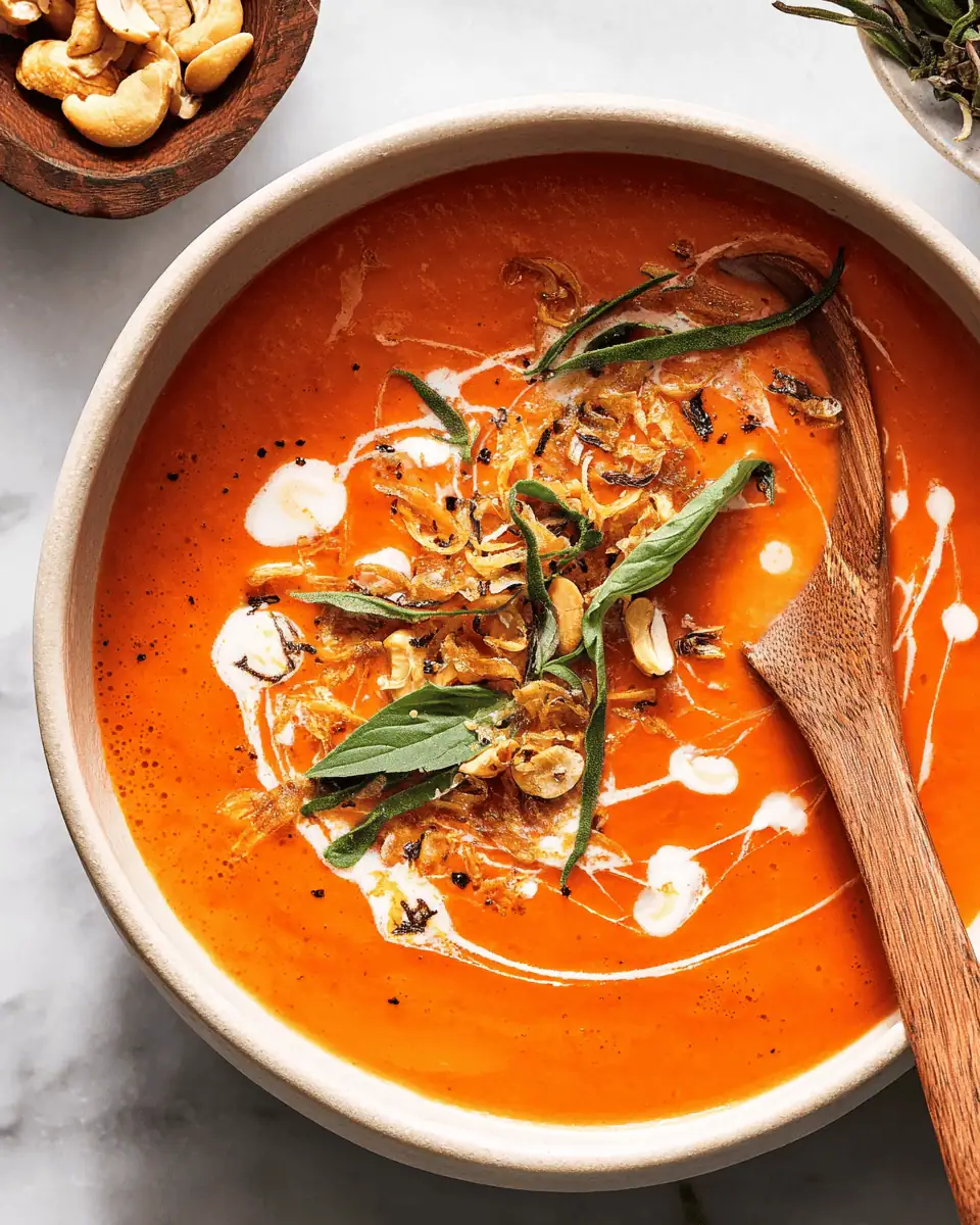 Creamy Coconut Tomato Soup: A Ginger and Basil Infused Bowl 1 A vibrant orange-red tomato soup in a white bowl topped with crispy shallots, cashews, and fresh Thai basil.