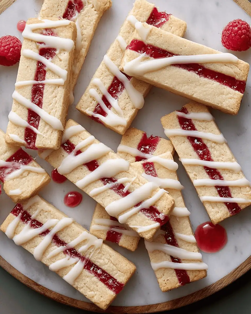 Raspberry Ribbon Cookies: A Buttery Jam-Filled Holiday Slice 2 A stack of sliced shortbread cookies with red raspberry jam centers and white glaze drizzle.