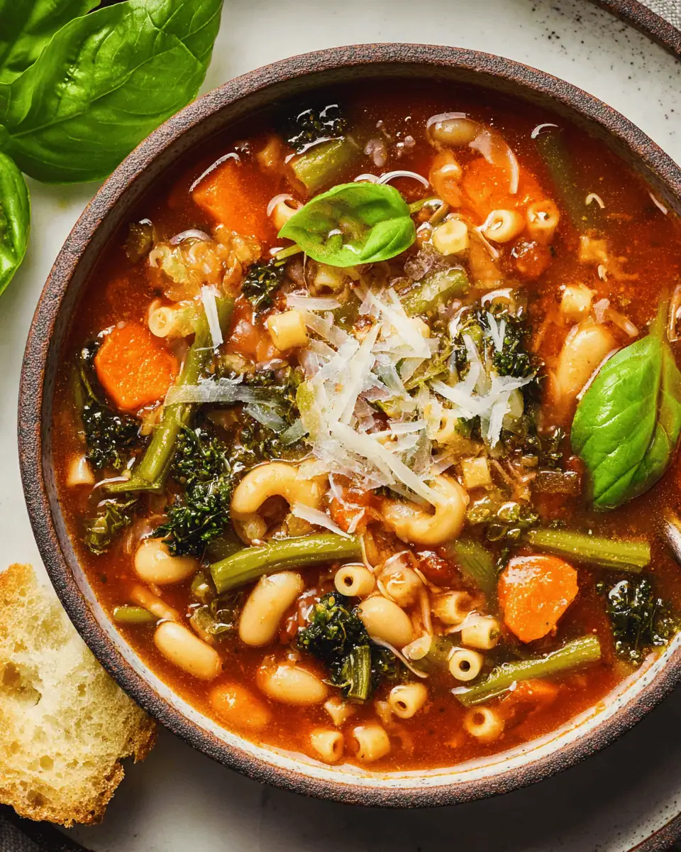 Classic Minestrone Soup: A Hearty Vegetable and Pasta Bowl 1 A close-up of a spoon lifting ditalini pasta, beans, and green beans from the soup.