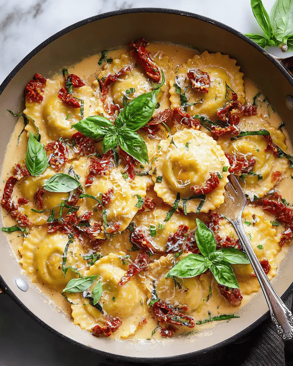 Creamy Marry Me Ravioli: Sun-Dried Tomato and Garlic Pasta 3 A serving of creamy ravioli on a white plate with a glass of white wine in the background.