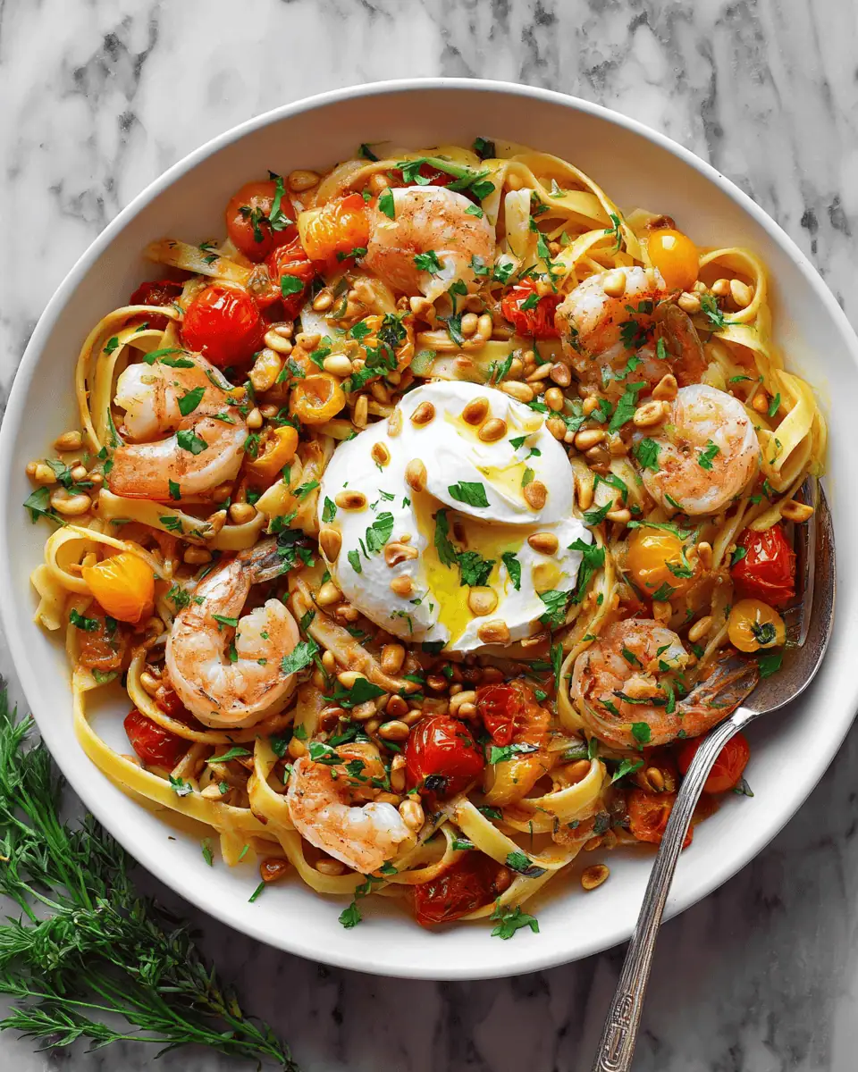 Mediterranean Shrimp Pasta: Burrata & Pine Nuts 3 A plate of pasta topped with seared shrimp, blistered tomatoes, and a broken ball of creamy burrata.