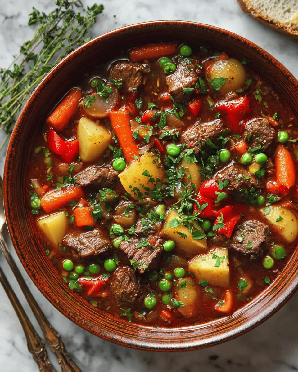 One Pot Vegetable Beef Soup: A Hearty Chuck Roast Stew 3 A large dutch oven filled with rich tomato beef soup loaded with carrots, potatoes, and peas.
