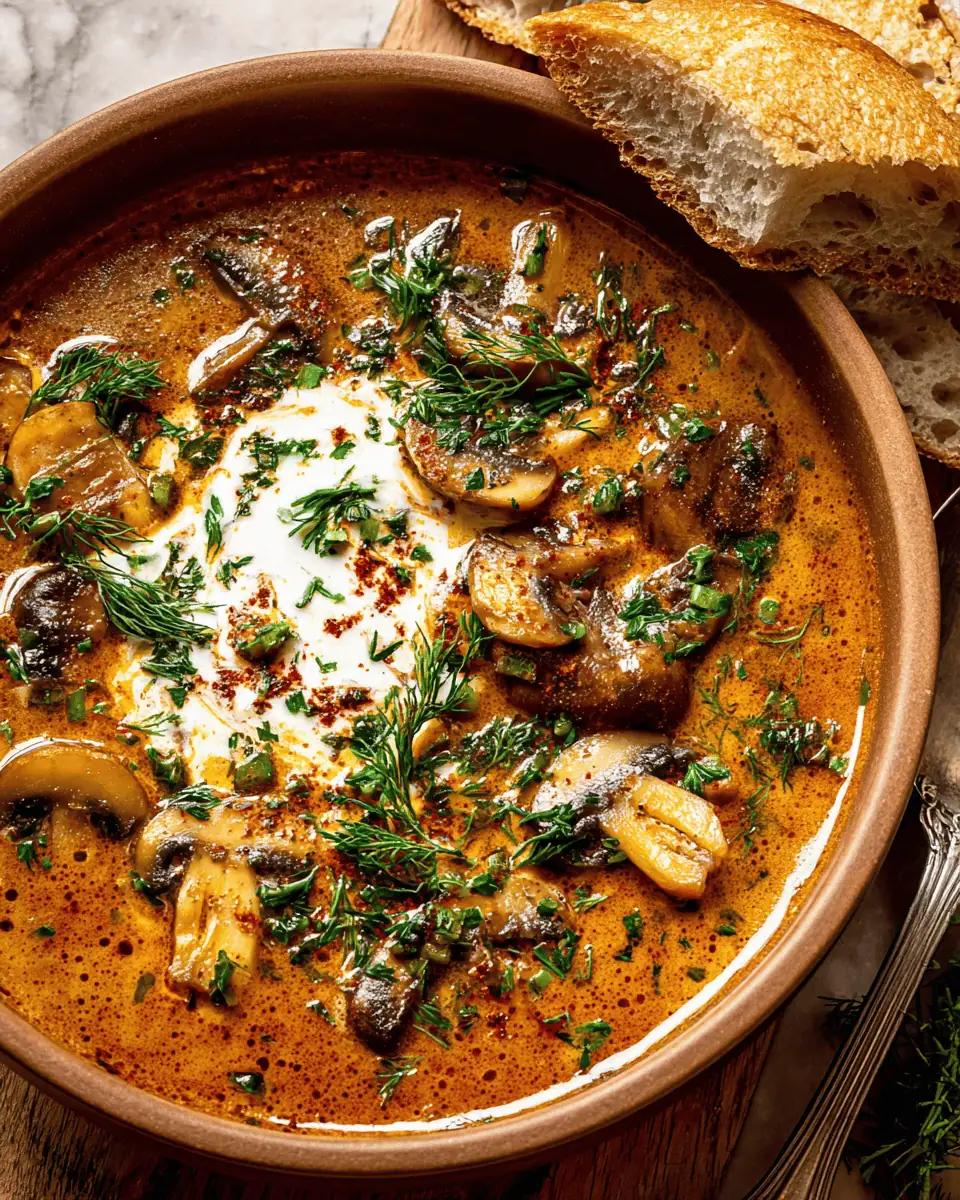 Hungarian Mushroom Soup: A Creamy and Earthy Paprika Spiced Bowl 1 Fresh bunches of green dill and parsley next to a container of sour cream.