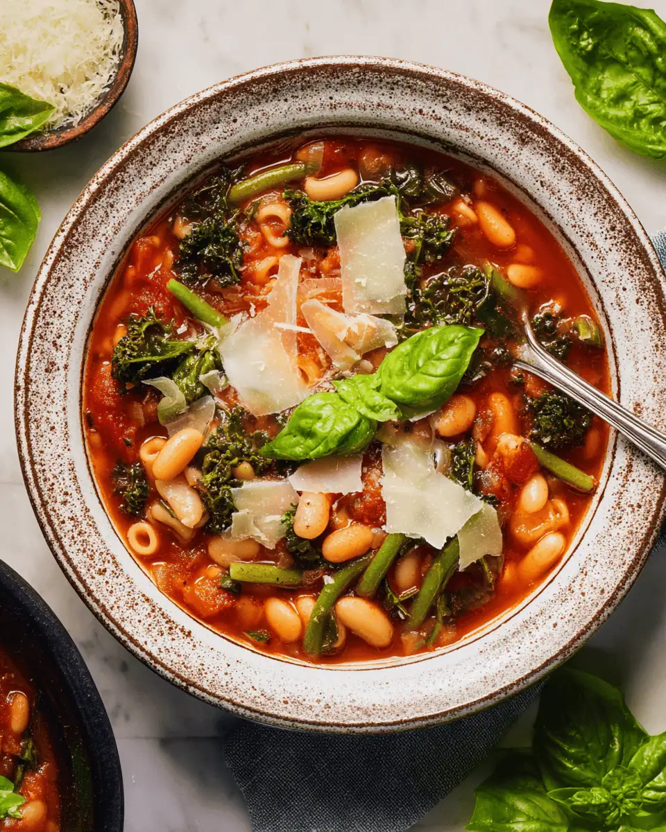 Classic Minestrone Soup: A Hearty Vegetable and Pasta Bowl 3 A white bowl filled with chunky vegetable minestrone soup topped with fresh basil and parmesan cheese.
