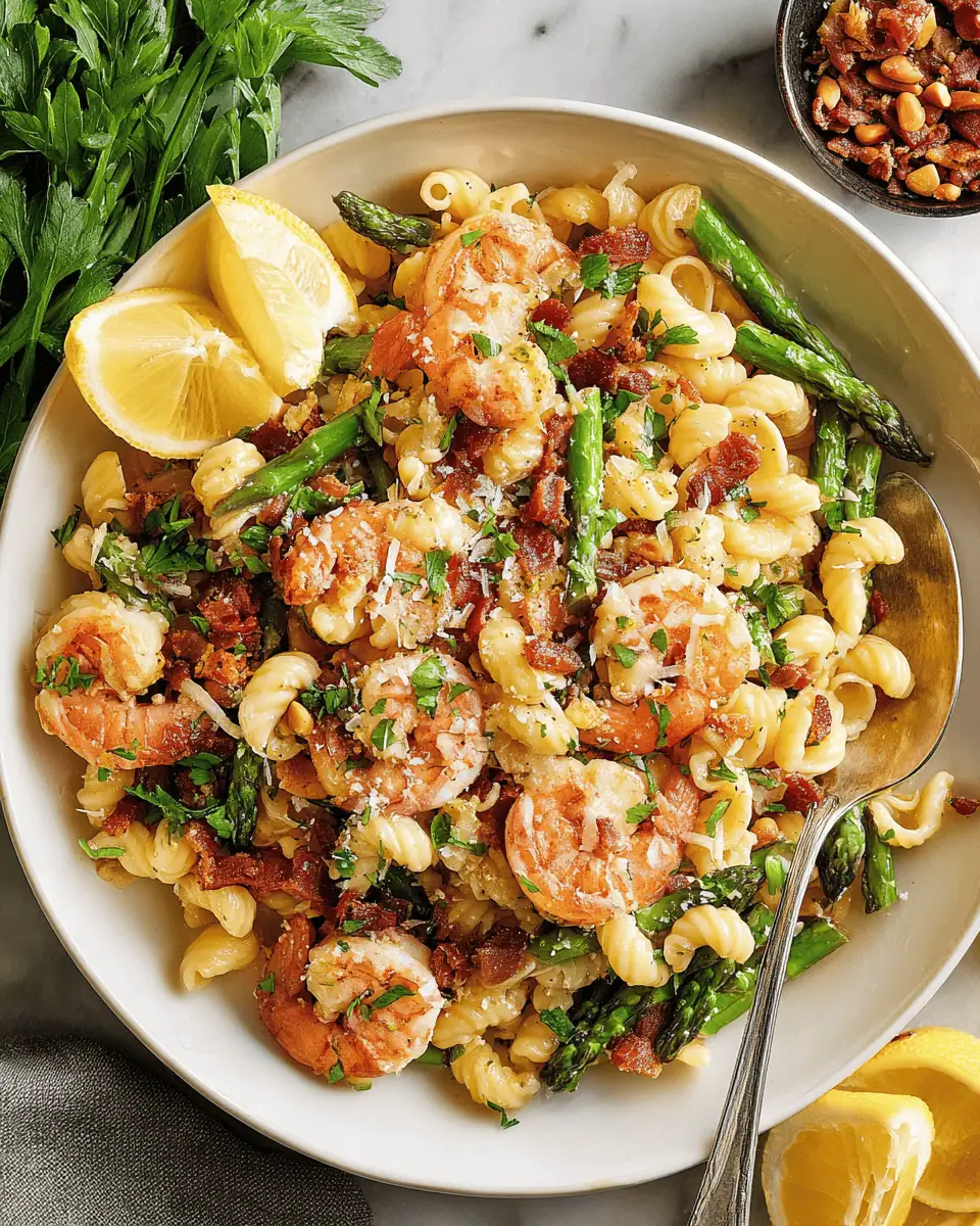 Shrimp and Asparagus Pasta: A Lemony Bacon Butter Dinner 3 Pouring starchy pasta water into the skillet to create a glossy lemon butter sauce.