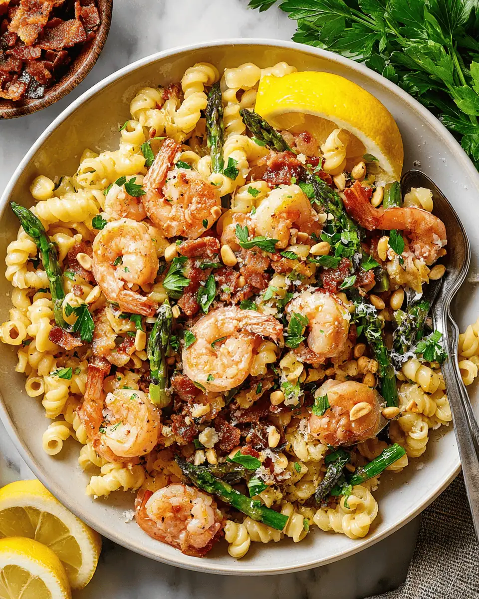 Shrimp and Asparagus Pasta: A Lemony Bacon Butter Dinner 4 Pink shrimp and minced garlic cooking in hot bacon fat.