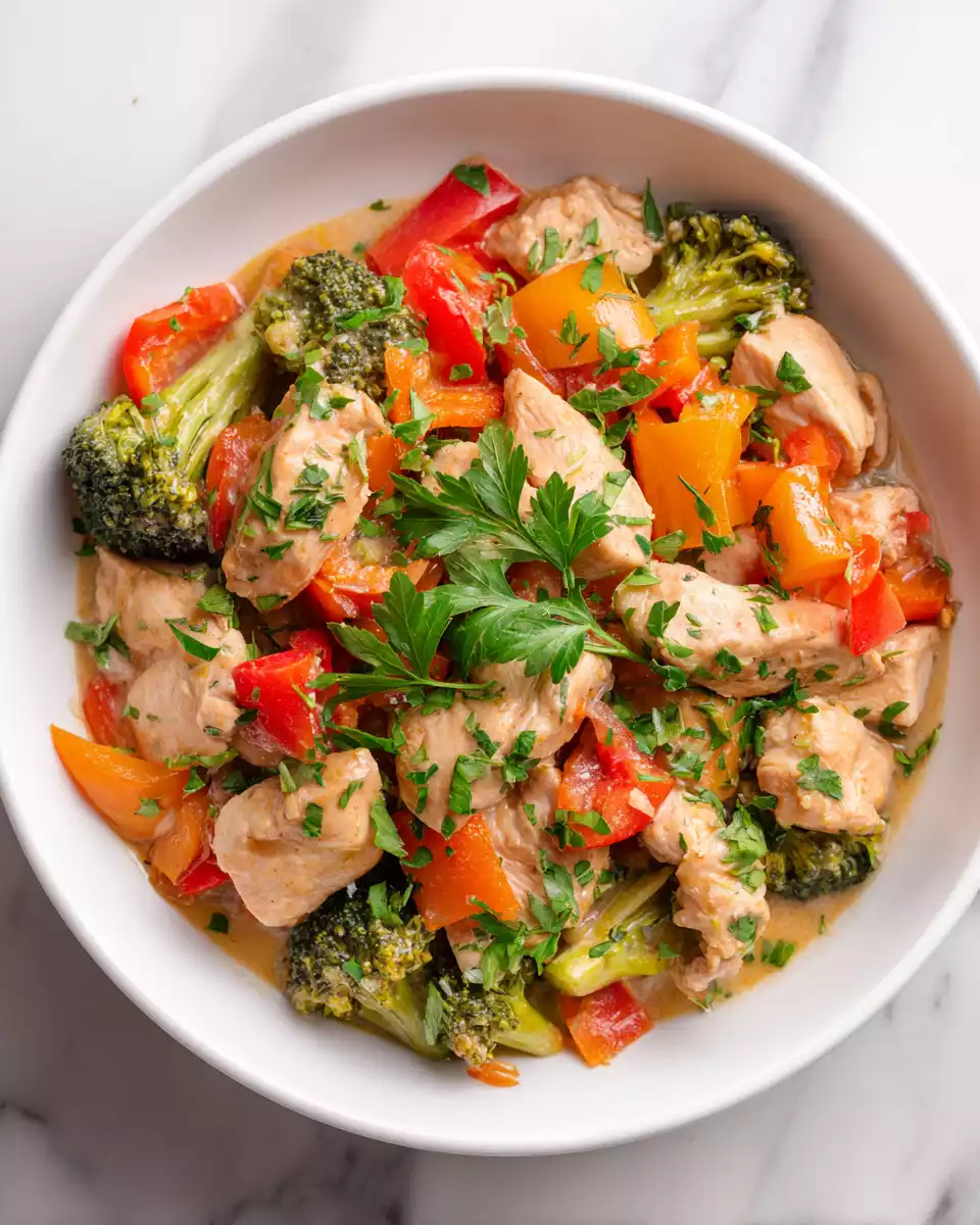 Healthy chicken stir-fry with fresh vegetables and a creamy sauce served in a bowl, showcasing a vibrant and colorful meal.