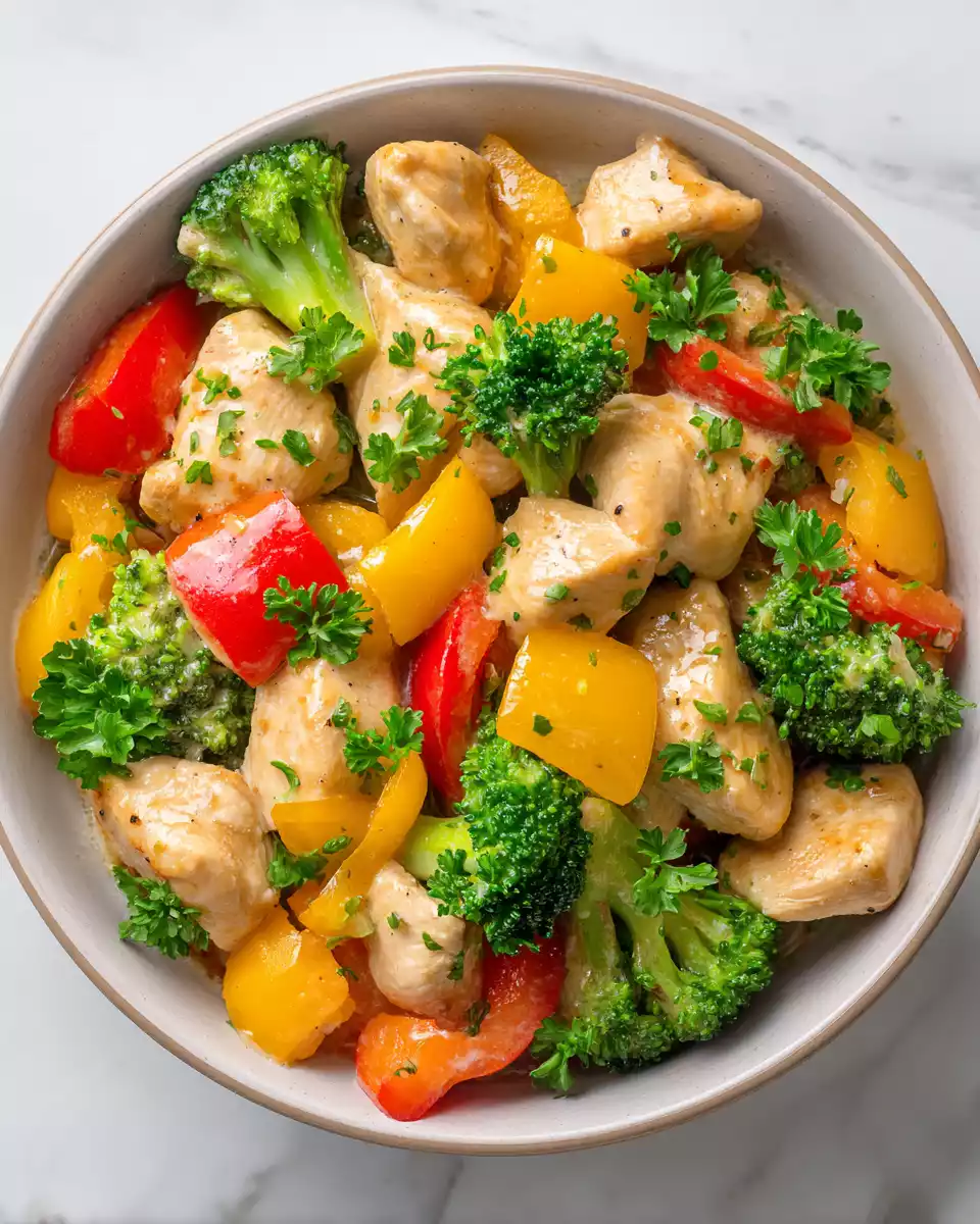 Easy Healthy Chicken Stir-Fry Recipe 2 Healthy chicken stir-fry with fresh vegetables and a creamy sauce served in a bowl, showcasing a vibrant and colorful meal.