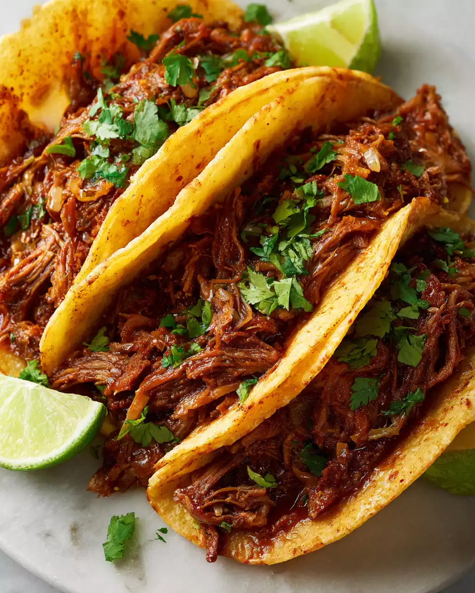 Mexican shredded beef recipe for tacos and burritos, featuring tender beef cooked slowly with spices for a rich, flavorful dish.