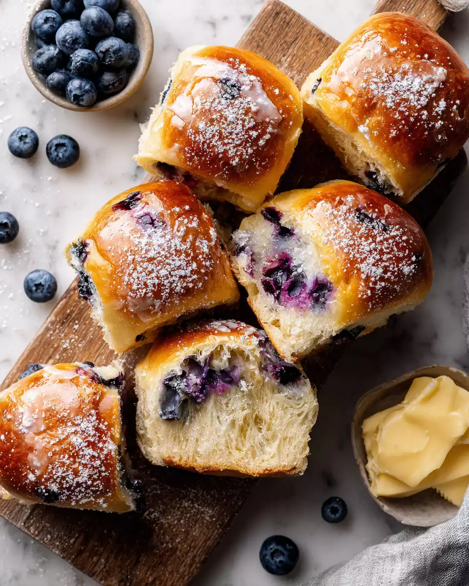 Soft and Fluffy Blueberry Brioche Buns 2 Blueberry brioche buns fresh out of the oven, soft and fluffy, perfect for breakfast or a snack, featuring plump blueberries and a golden-brown crust.