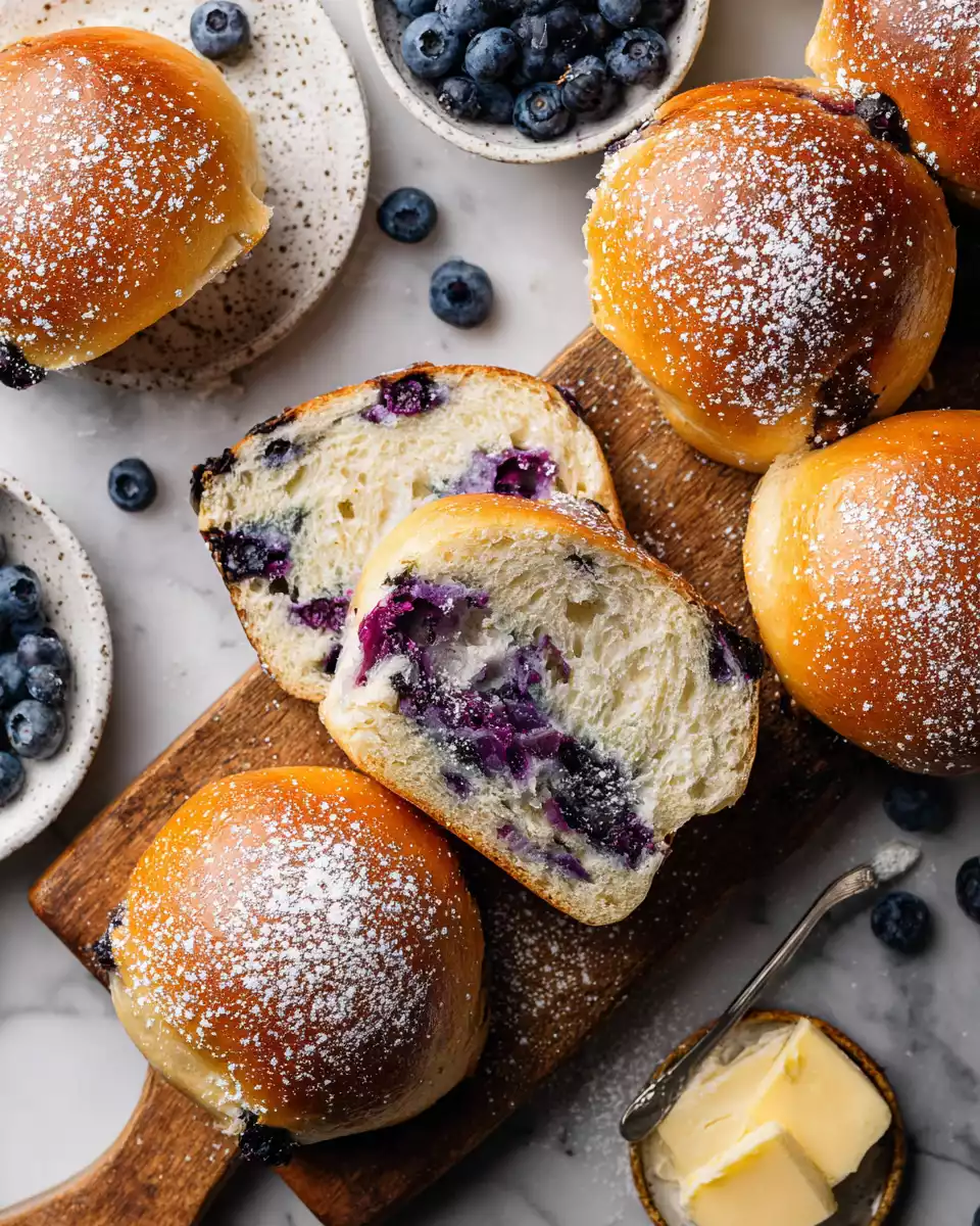 Soft and Fluffy Blueberry Brioche Buns 3 Blueberry brioche buns fresh out of the oven, soft and fluffy, perfect for breakfast or a snack, featuring plump blueberries and a golden-brown crust.