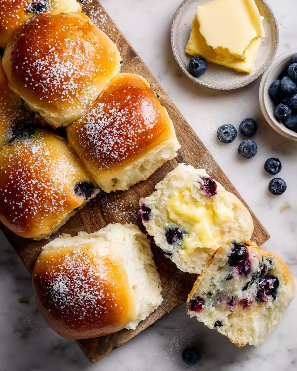 Soft and Fluffy Blueberry Brioche Buns 4 Blueberry brioche buns fresh out of the oven, soft and fluffy, perfect for breakfast or a snack, featuring plump blueberries and a golden-brown crust.
