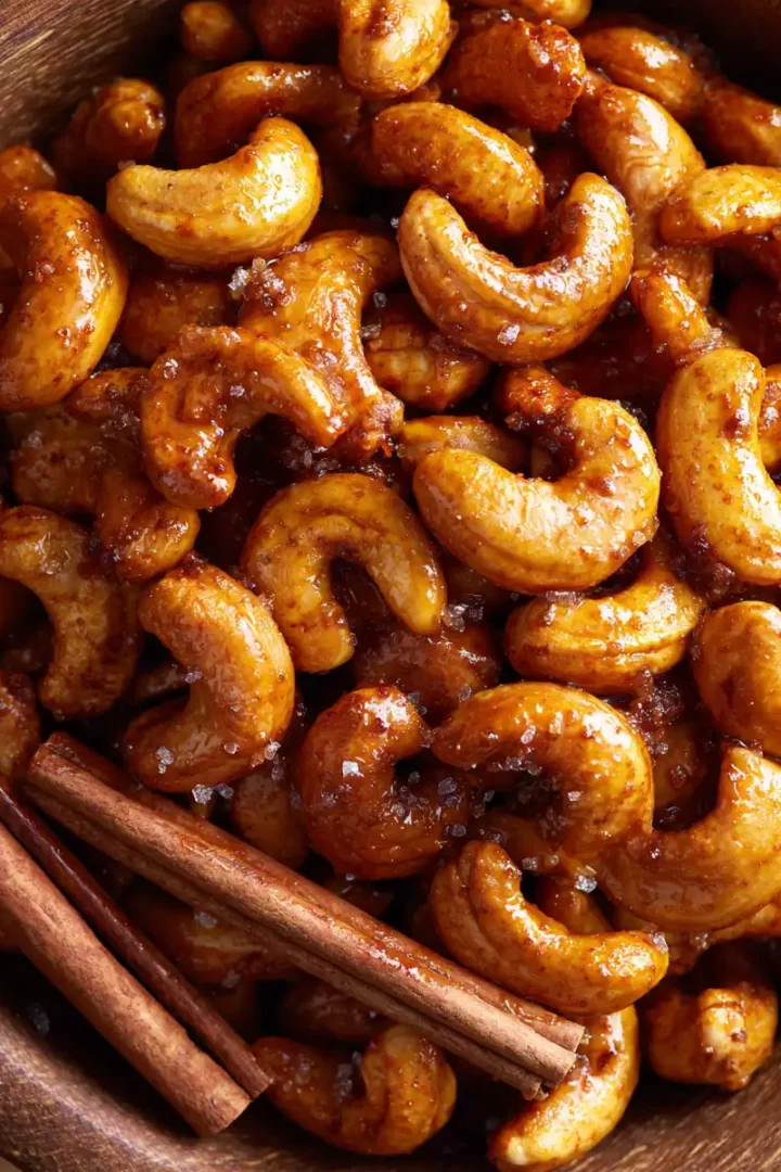 Delicious honey roasted cashews fresh out of the oven, perfect snack for parties, easy recipe for crunchy treats, sweet and salty flavors.